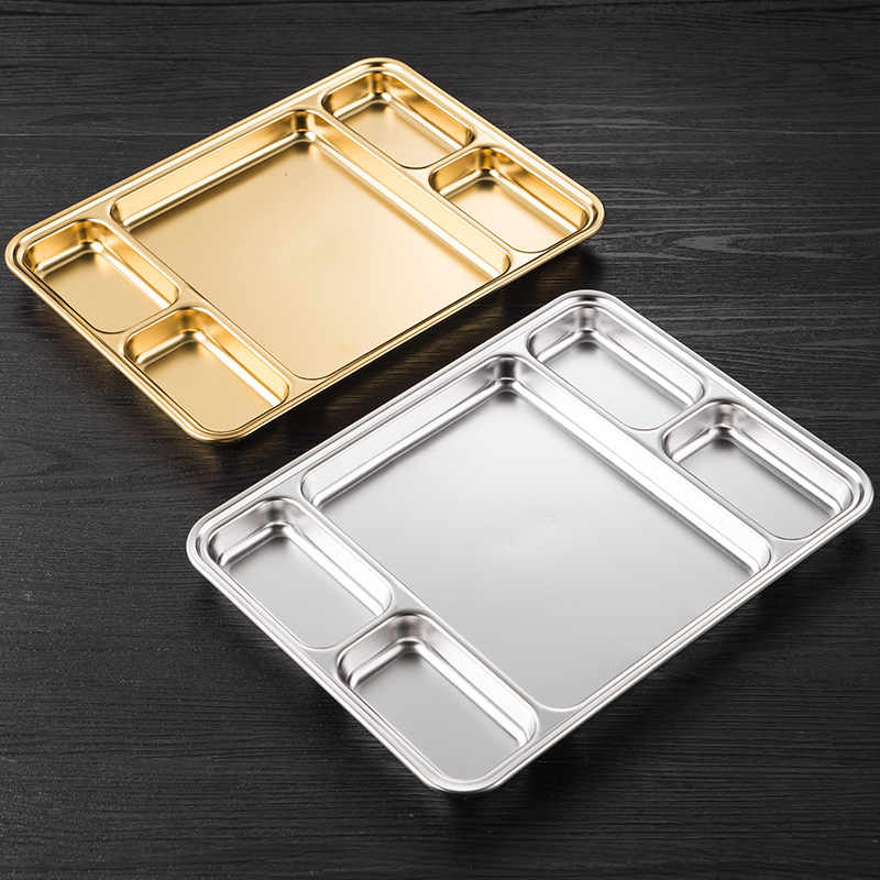 Hz473 Stainless Steel 304 Korean Grill Tray with Sauce Dish Gold Compartment Tray Snack Plate Steak Plate Dipping Plate