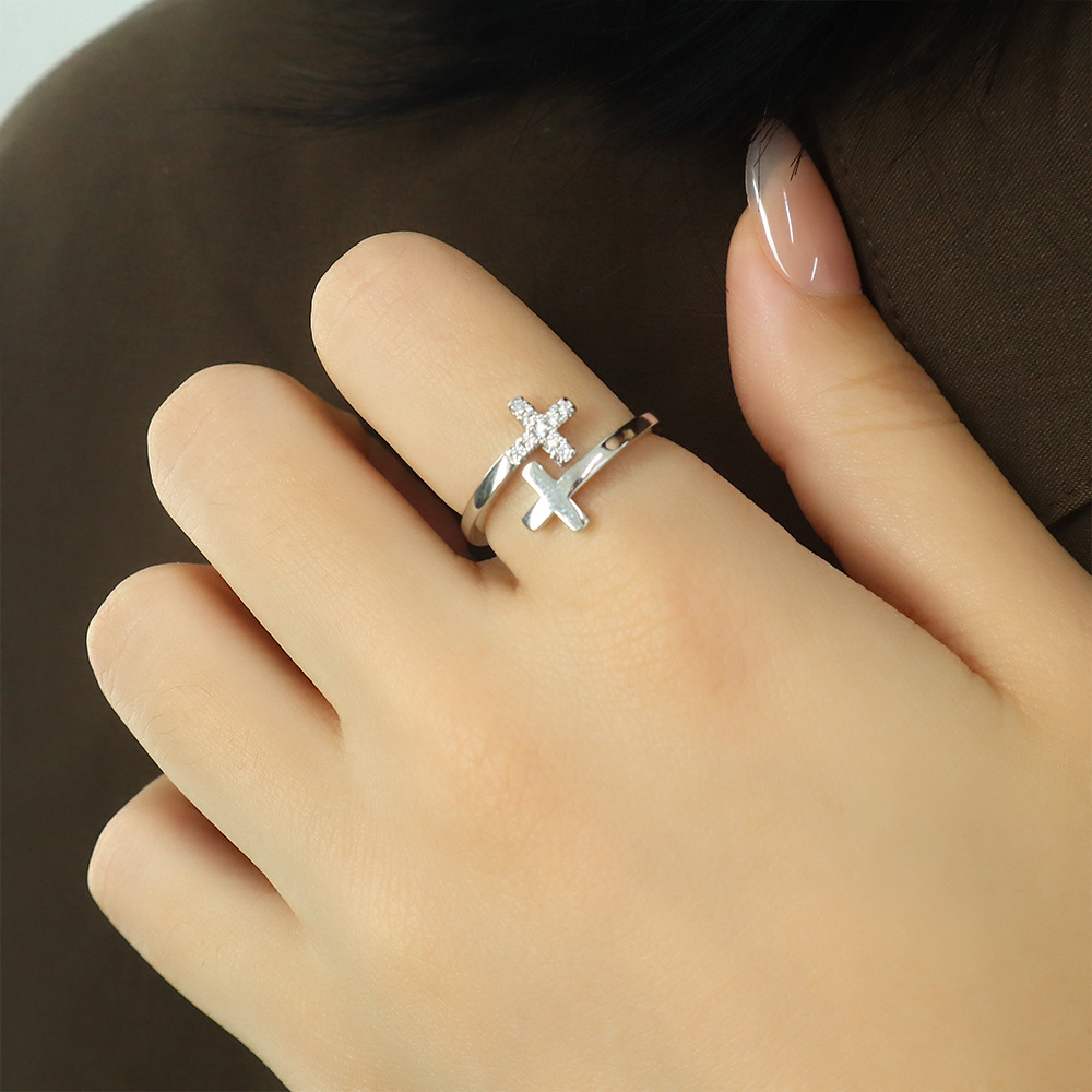 闪钻双十字架戒指嘻哈酷女孩夏季新款潮个性设计感镶