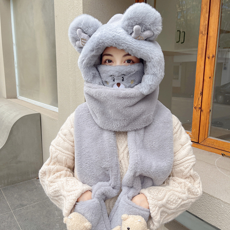 Cute Bear Mask Hat Scarf Integrated Female Cold Protection in Winter Plush Hooded Warm Scarf Gloves Three-Piece Set