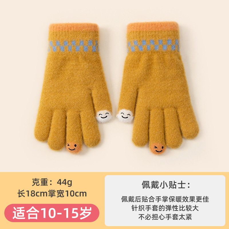 Autumn and Winter Cute Children's Five-Finger Gloves Boys' Knitted Wool Smiley Face Cold-Proof Warm Cartoon Female Student Wholesale