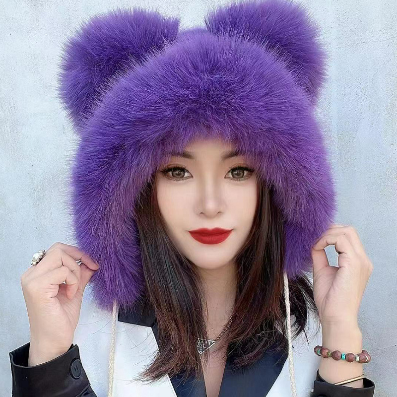 New Cute Bear Ear Cap Imitation Fox Fur Autumn and Winter Hat Female Winter Fur Hat Western Style Ski Cap Warm