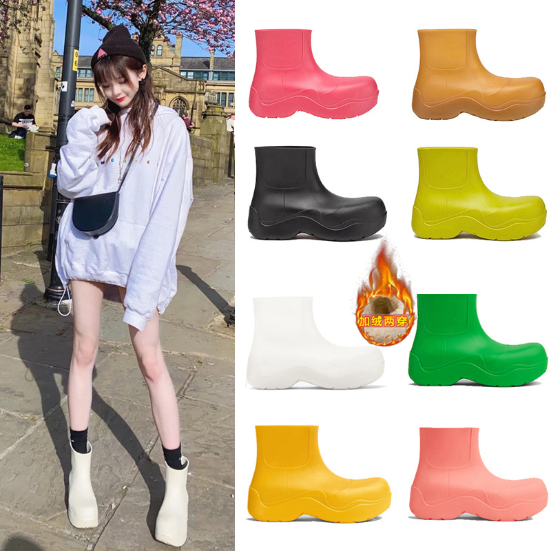阿希哥mona同款牛油果绿色加绒保暖短筒内增高厚底雨靴防水橡胶鞋