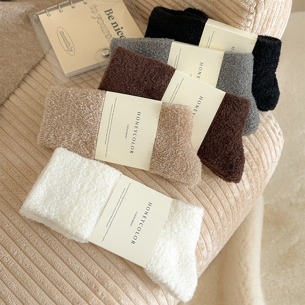 羽毛纱纯色袜子男士加绒加厚家居地板袜冬季保暖毛绒睡眠长袜男