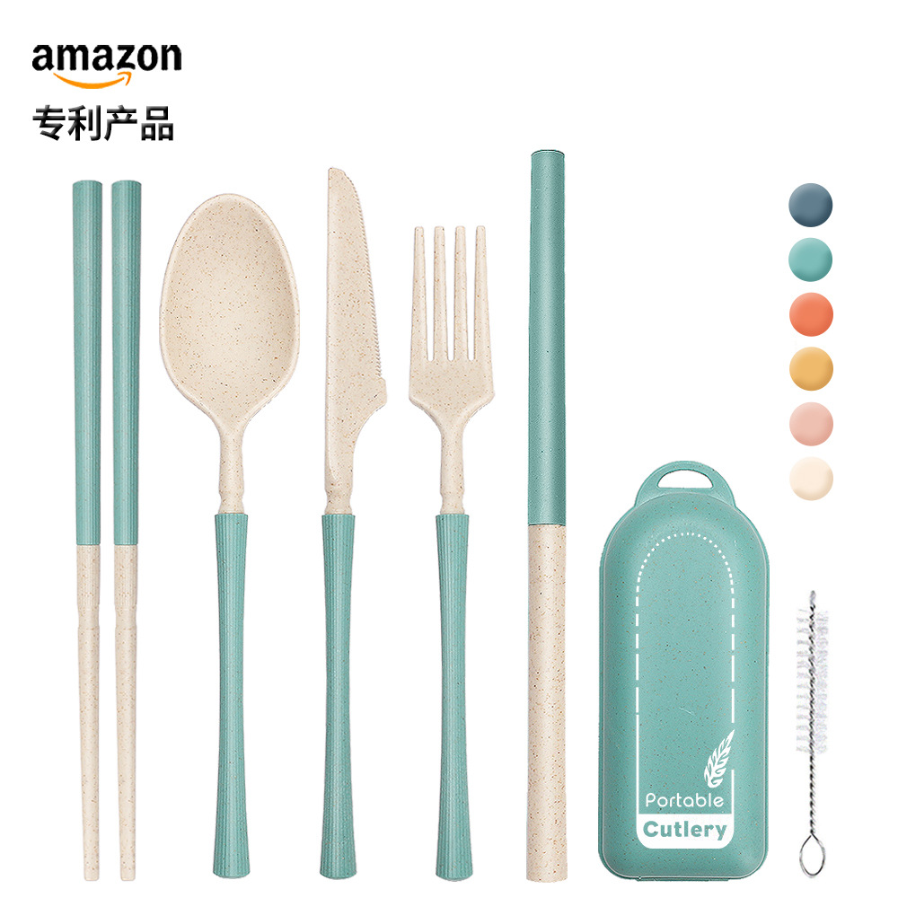 Creative Wheat Straw Vertical Pattern Tableware Set Student Outdoor Portable Folding Knife Fork Spoon and Chopsticks Straw Tableware Gift