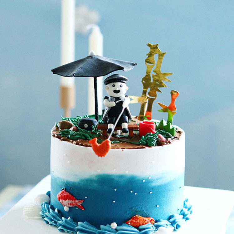 父亲节钓鱼蛋糕爷爷蛋糕装饰爸爸生日打高尔夫垂钓帆船一家之主c