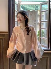 粉色蝴蝶结针织开衫外套女春装新款法式温柔甜美毛衣短款可爱上衣