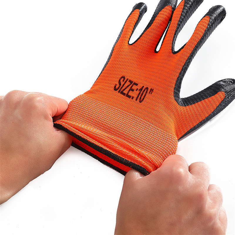 Nylon Dipped Nitrile Waterproof Oil-Resistant Orange Yarn Glove Non-Slip Wear-Resistant Work Nitrile Embossed Labor Protection Gloves Wholesale