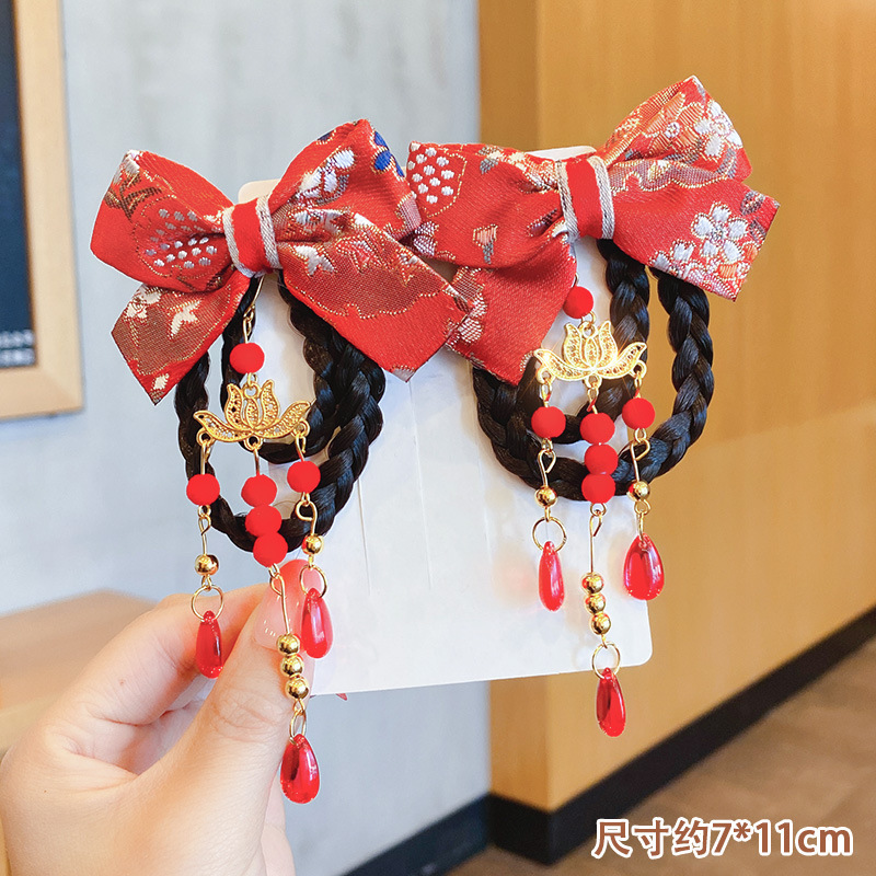 New Year Chinese Style Bow Braid Children Antique Hairpin Baby Wig Hair Accessories Headdress for Han Chinese Clothing Wholesale