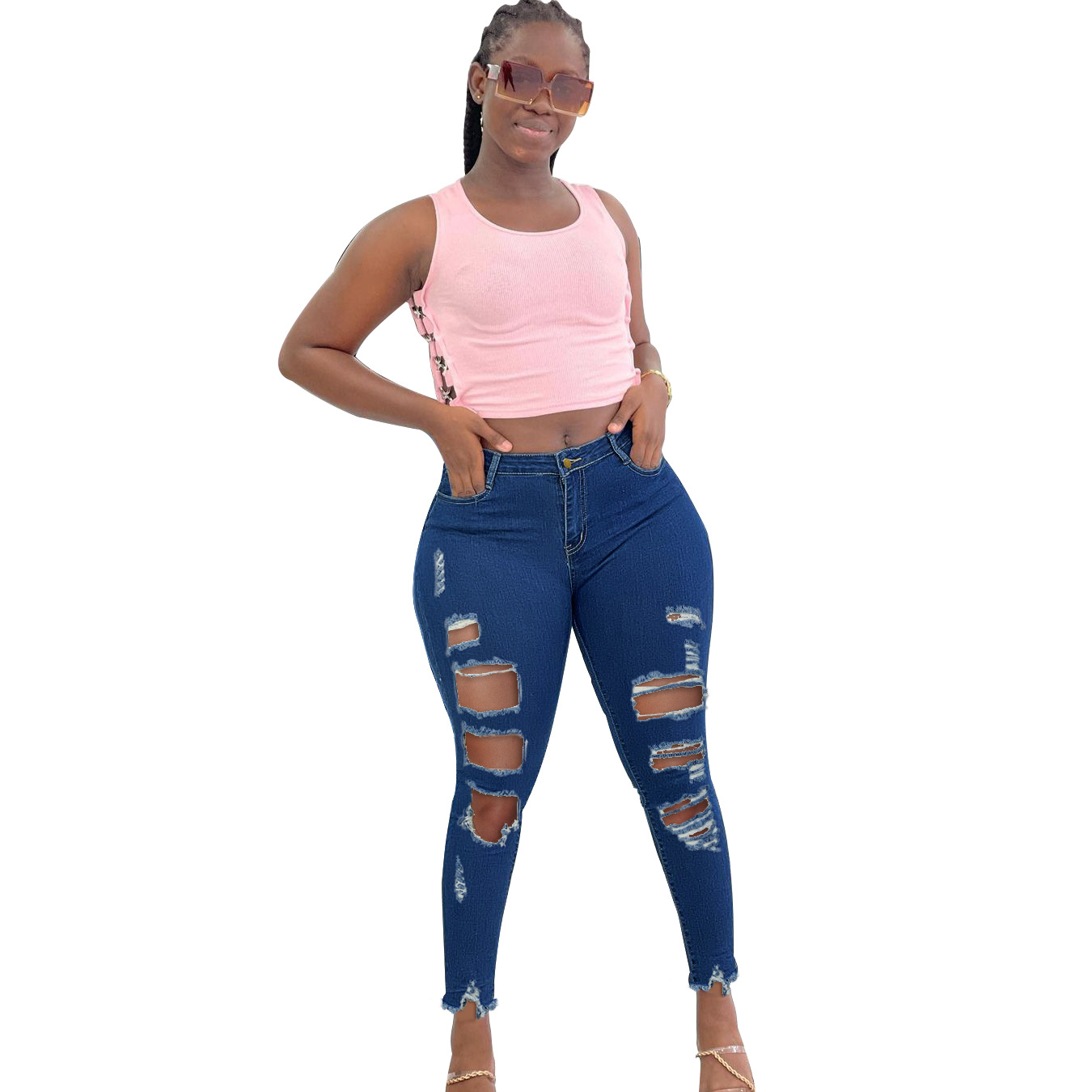   3040# Wish Cross-Border EBay Amazon European and American New Women's Clothes Fashion Fashion Ripped Denim Pants