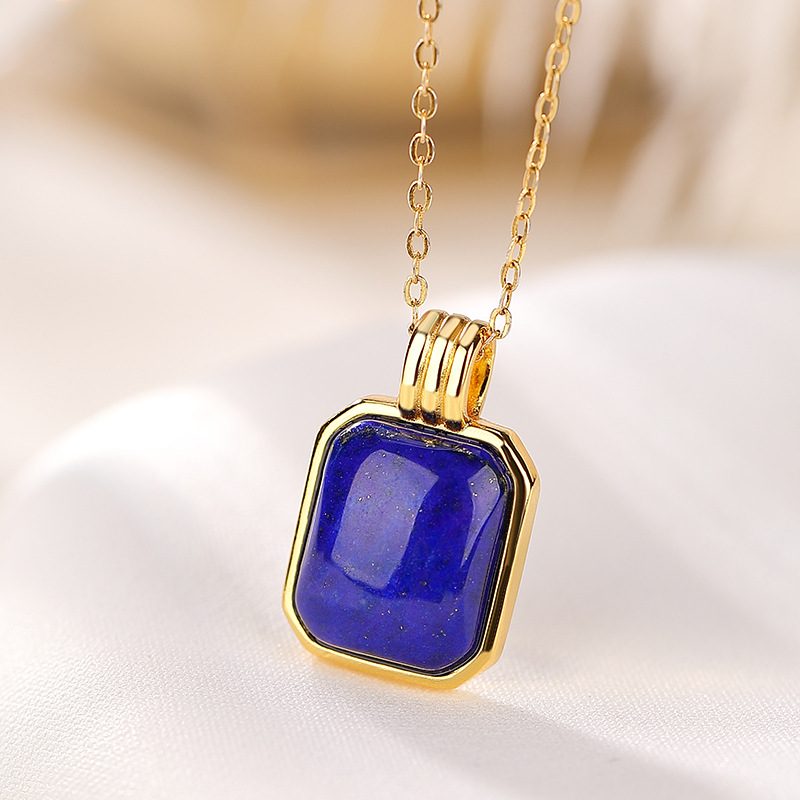 壹鹿银s925纯银镀金青金石轻奢时尚方形吊坠复古个性几何挂坠挂饰