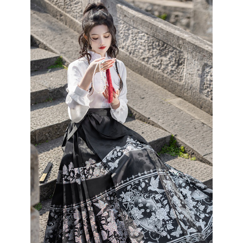 National Style New Chinese Style High Sense Daily Horse-Face Skirt Hanfu Two-Piece Set Jacquard Cheongsam Shirt Outfit Commuting to Work