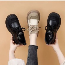 2024春季新款韩版休闲时尚系带厚底增高粗跟高跟小个子女单鞋皮鞋