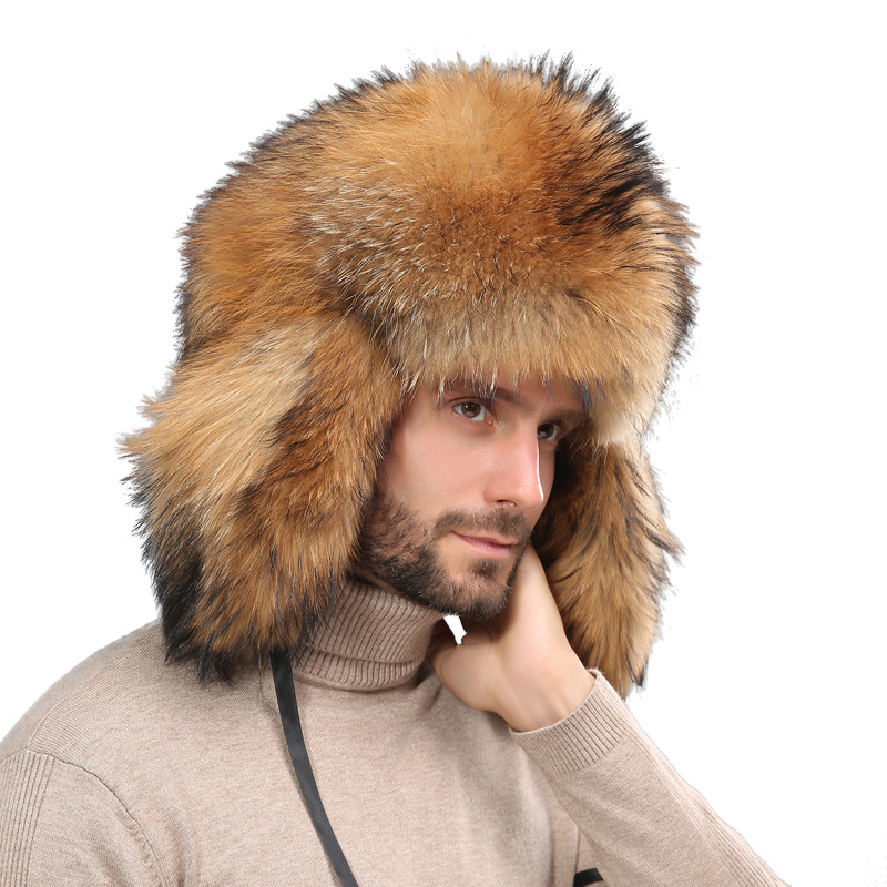 新款貉子毛男士冬季保暖护耳雷锋帽真皮草户外防寒加厚东北风雪帽