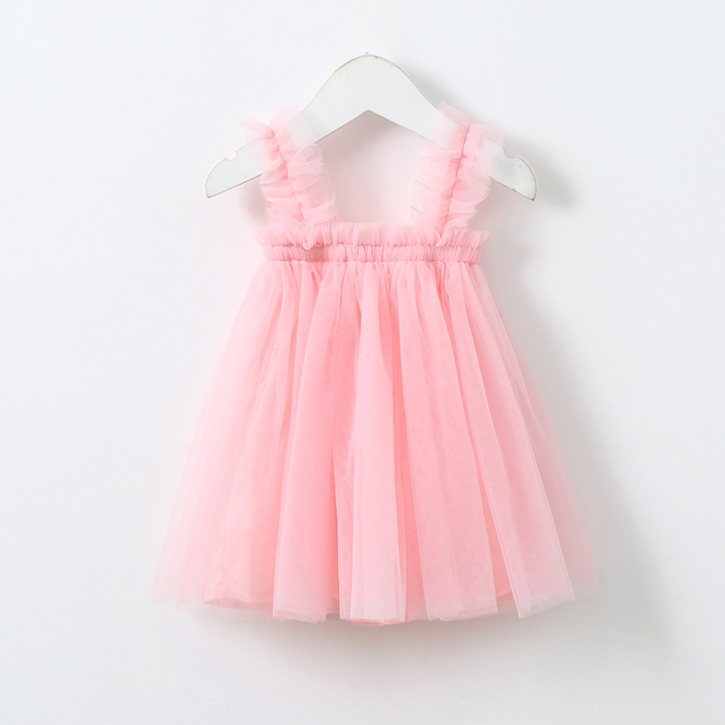 Solid Color Children's Clothing Girl's Strap Skirt Children's Fungus Shoulder Mesh Lace Skirt European and American Pleated Children Shirt Princess Dress