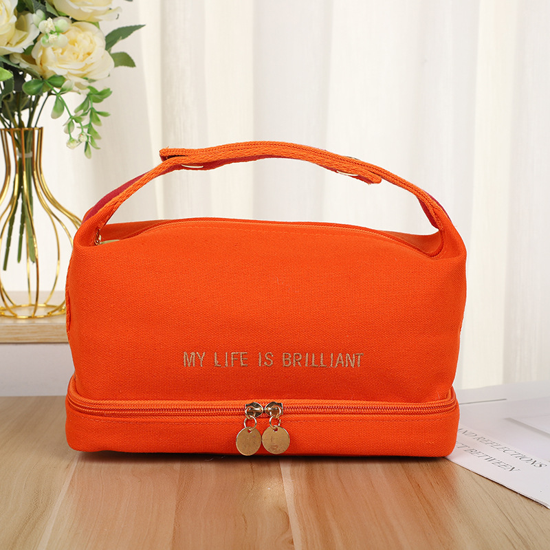 Double-Layer Canvas Cosmetic Bag New Ins Style Handbag Simple Travel Storage Bag Portable Wash Bag in Stock