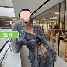 欧阳 仿牛仔系带印花衬衫女夏季镂空辣妹衬衣设计感小众上衣