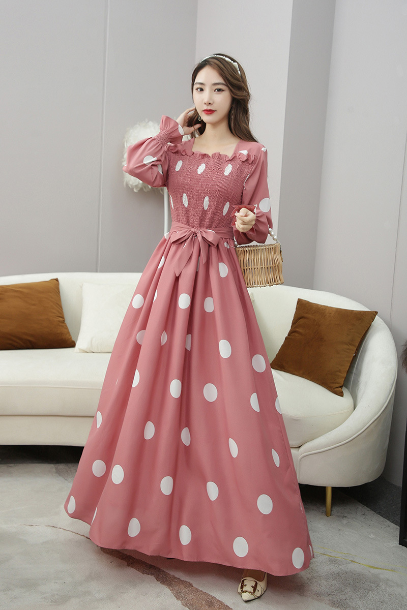 韩版连衣裙女2021新款春秋甜美波点印花方领收腰显瘦复古过膝长裙