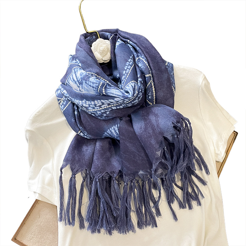 Spring and Autumn Cotton and Linen Feel Blue Batik Large Long Scarf Women's Scarf Shawl Dual-Use Summer Air-Conditioned Room Warm Tassel