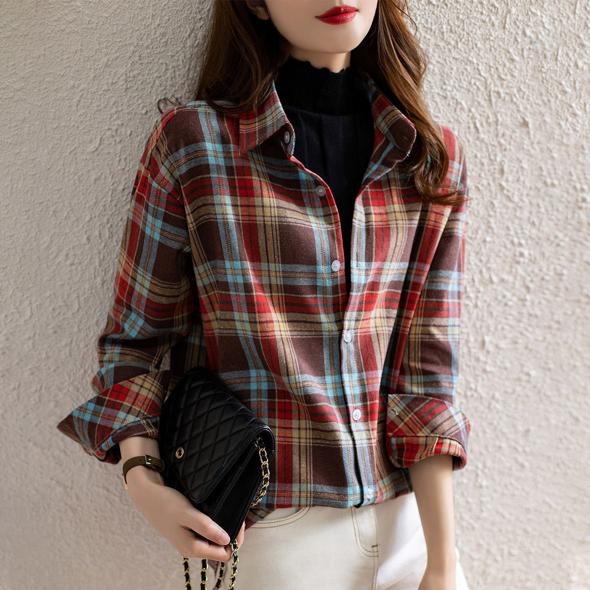 品牌折扣女装出口专柜清仓剪标大牌外单外贸原单格子雪纺衬衫女外贸