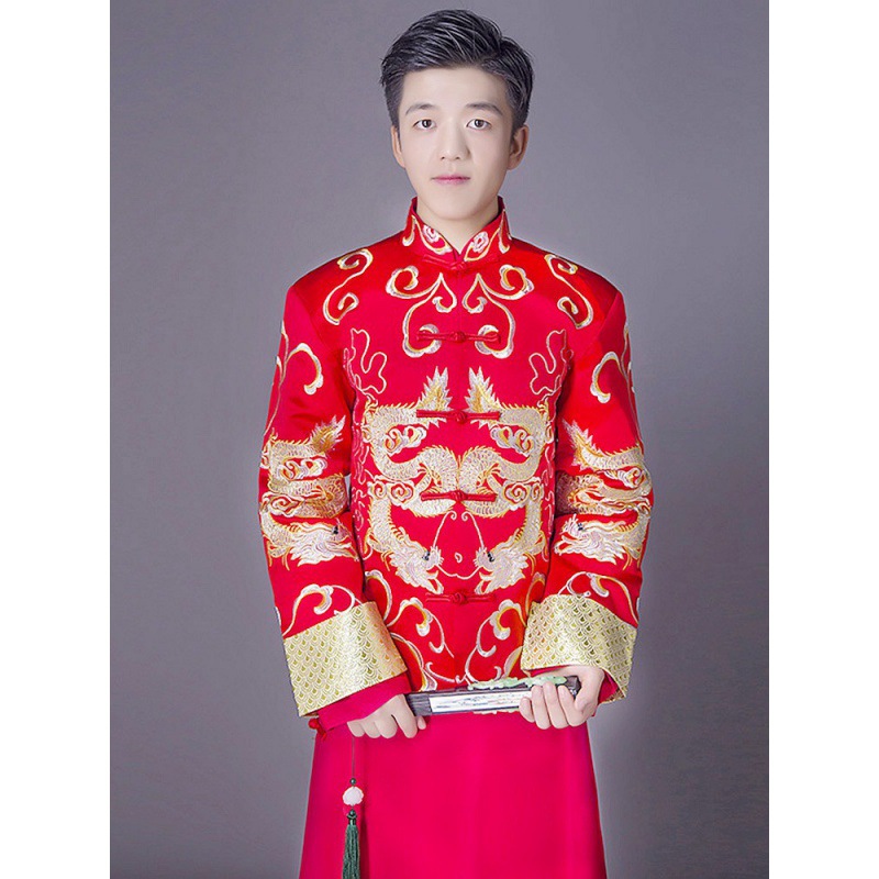 中式新郎服马褂长袍衫情侣款复古秀禾服奇隆同款龙纹喜服男士超帅