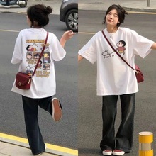 夏季美式白色短袖T恤女韩式设计感卡通新款oversize大码半袖上衣