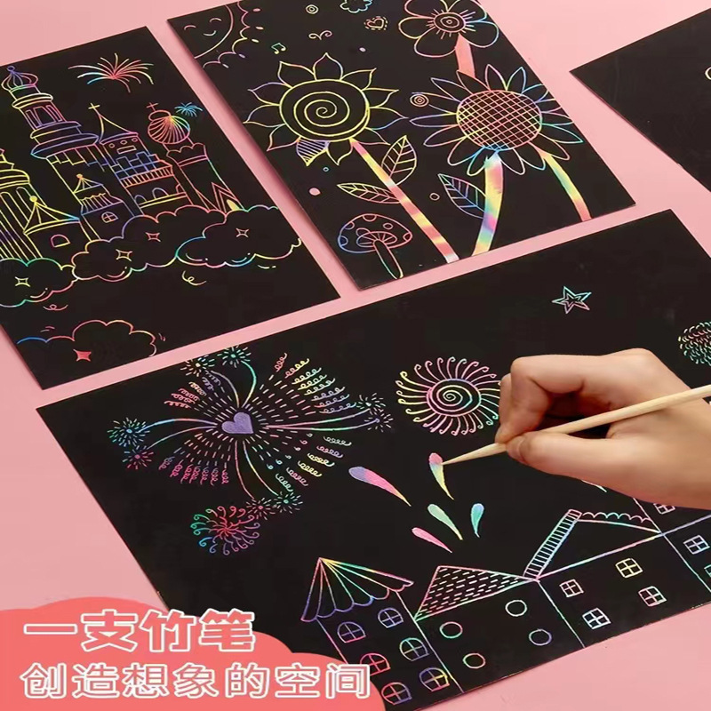 跨境涂鸦diy刮刮画益智炫彩刮画本生日派对节日刮刮画彩色刮画纸