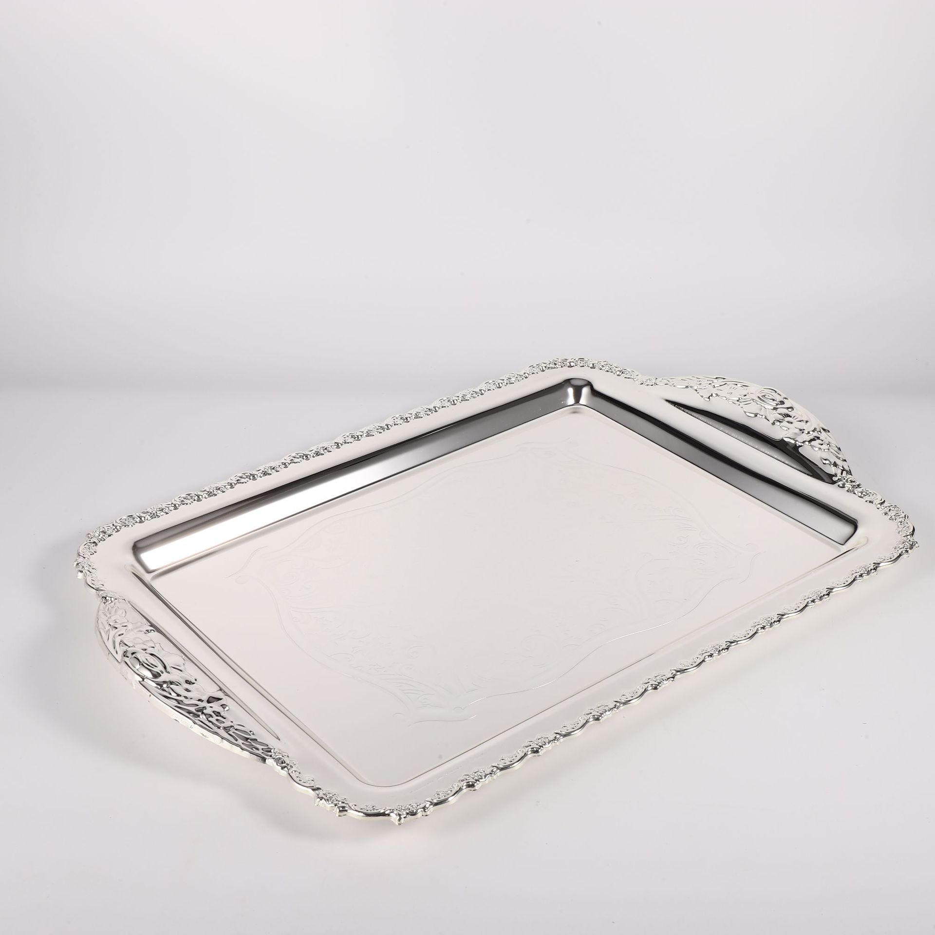 European-Style Pattern Rectangular Fruit Plate Stainless Steel Golden Handle Restaurant Serving Plate Buffet Hotel Storage Plate