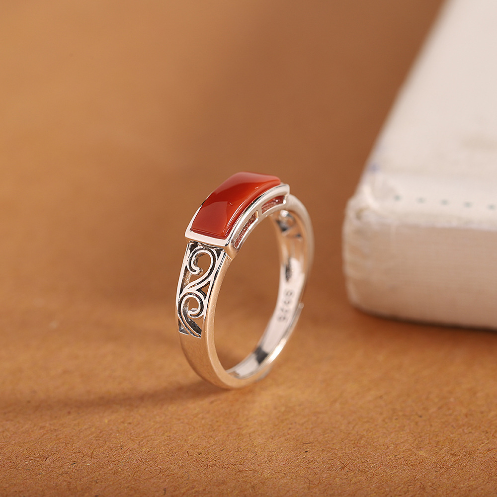 人品银品 泰银复古手饰s925银饰品南红戒指 开口指环马鞍戒-阿里巴巴