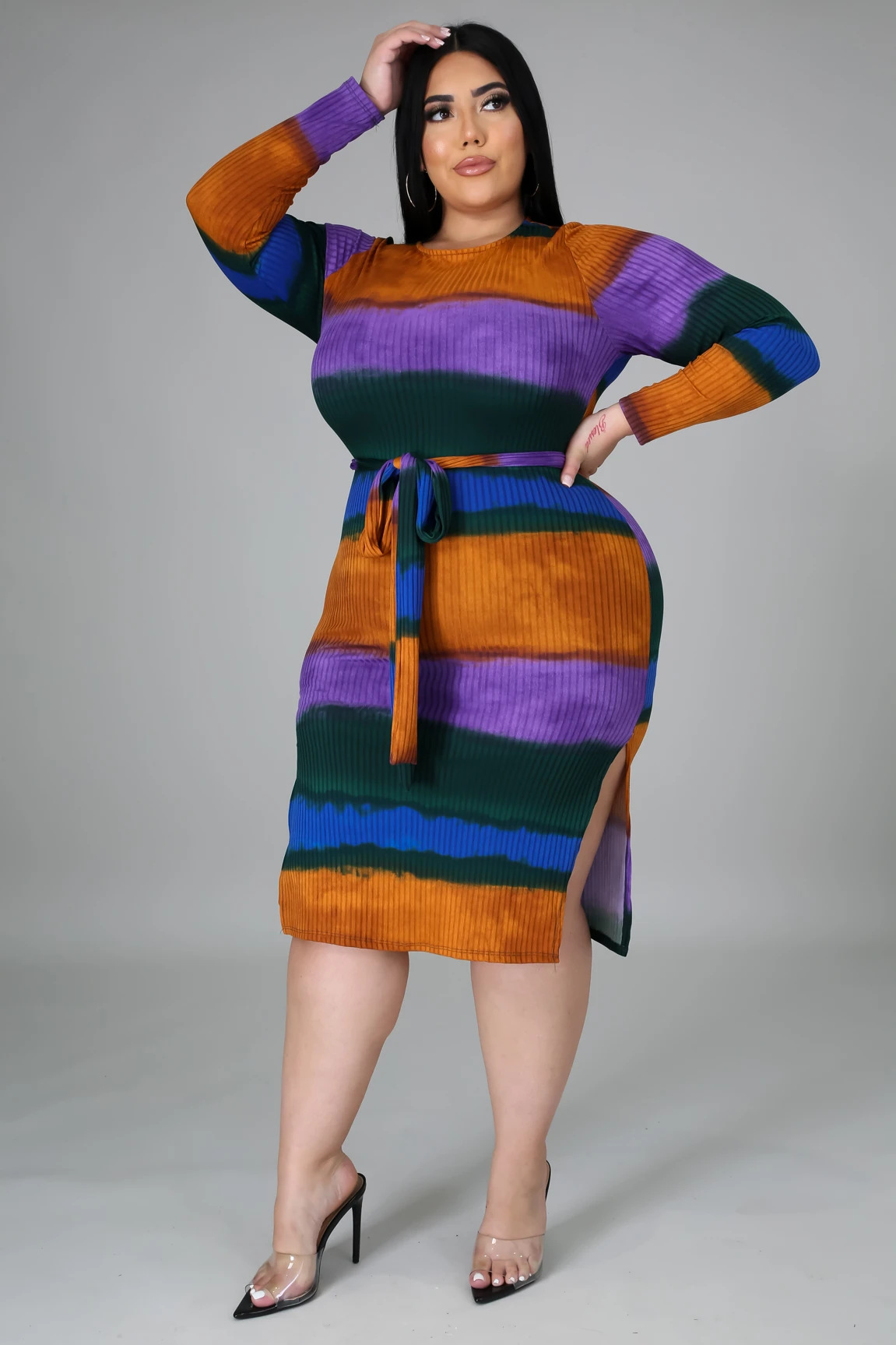 qj5275 欧美5xl肥婆胖女人加大码女装坑条条纹印花系带连衣裙