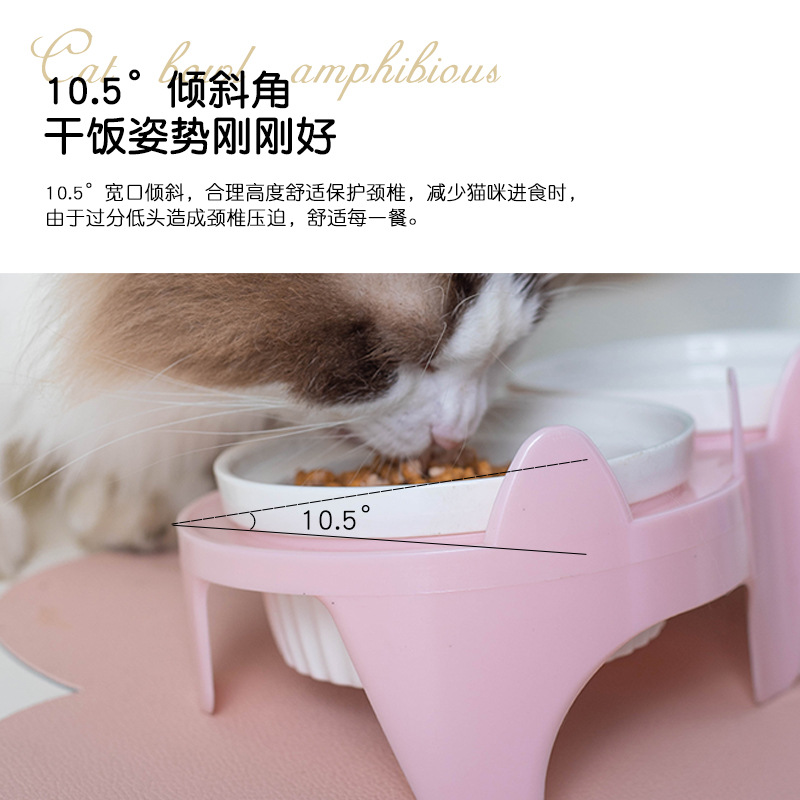 Cat Bowl Ceramic Double Bowl Water Bowl Protective Cervical Spine High Foot Oblique Cat Food Bowl Drinking Bowl Pet Bowl Pet Supplies