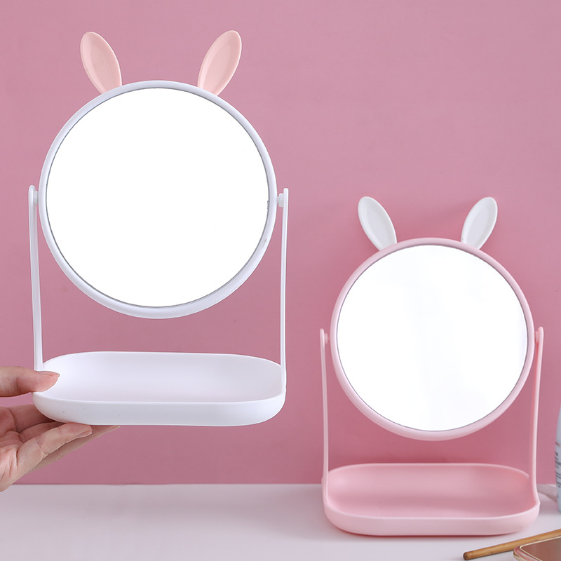 Internet Celebrity Mirror Cartoon Cat Rabbit Ear Makeup Mirror with Base Desktop Dressing Mirror Home Dormitory Single-Sided Beauty Mirror