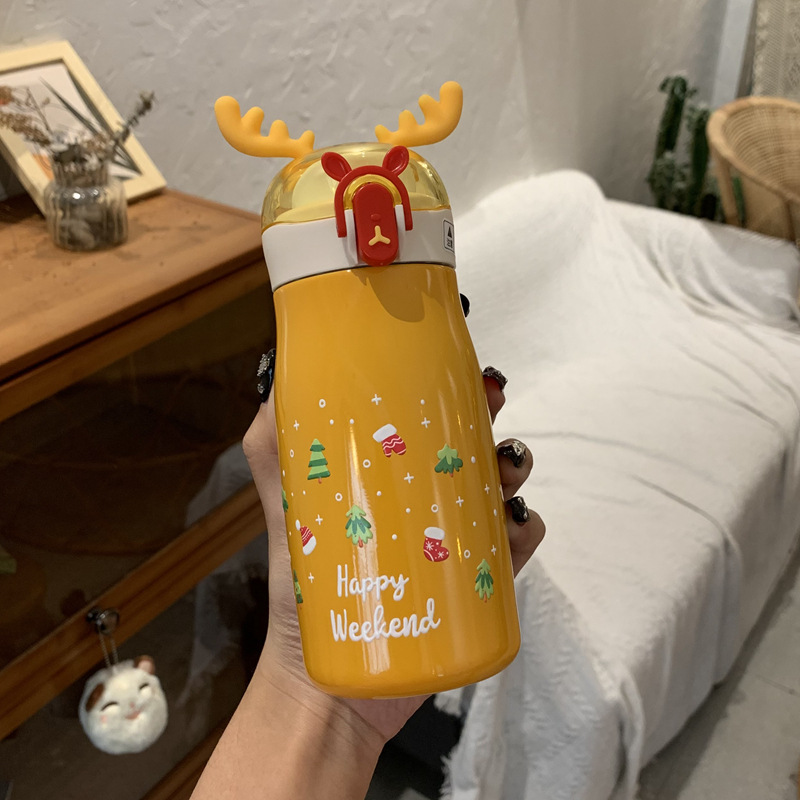 High Sense Antlers Children's Thermos Mug Christmas Cup Small Portable Portable Belt Tea Compartment Bounce Cover Direct Drink Gift