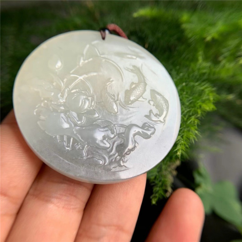 和田玉青花如鱼得水圆牌吊坠玉牌和和美美荷花玉坠挂件挂坠颈饰