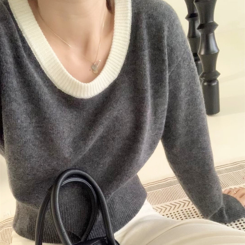 round Neck Sweater Women's 100 Pure Wool High-Grade Big U-Neck Sweater Color Matching Lazy Eu and South Korea Sweater