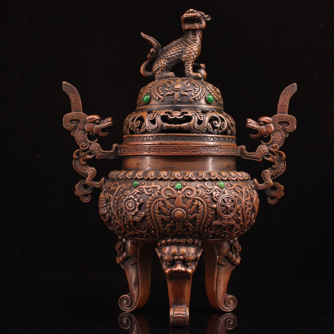 手工打造镶嵌宝石熏香炉 家居办公装饰礼品工艺品 古玩收藏铜香炉