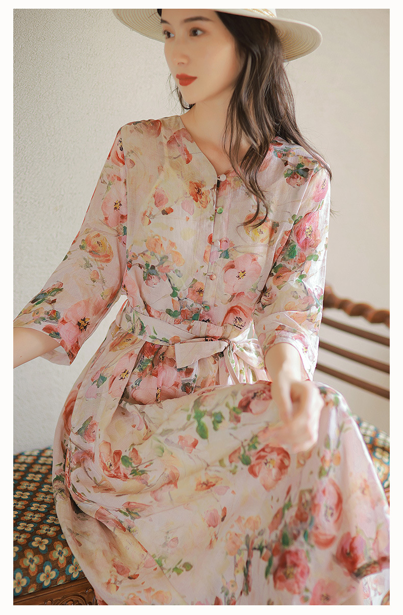 2022 New Ramie Dress Women's Summer Thin Temperament Half Sleeve Floral Cotton Linen Loose Long Dress Children