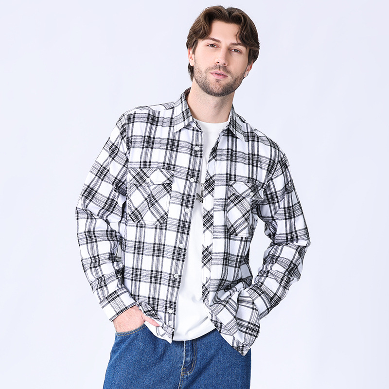 Spring 2024 Cross-Border Foreign Trade Style American Retro Flannel Men's Long Sleeve Brushed Plaid Shirt Men's Puls Size Red Check Flannel  Handsome Coat