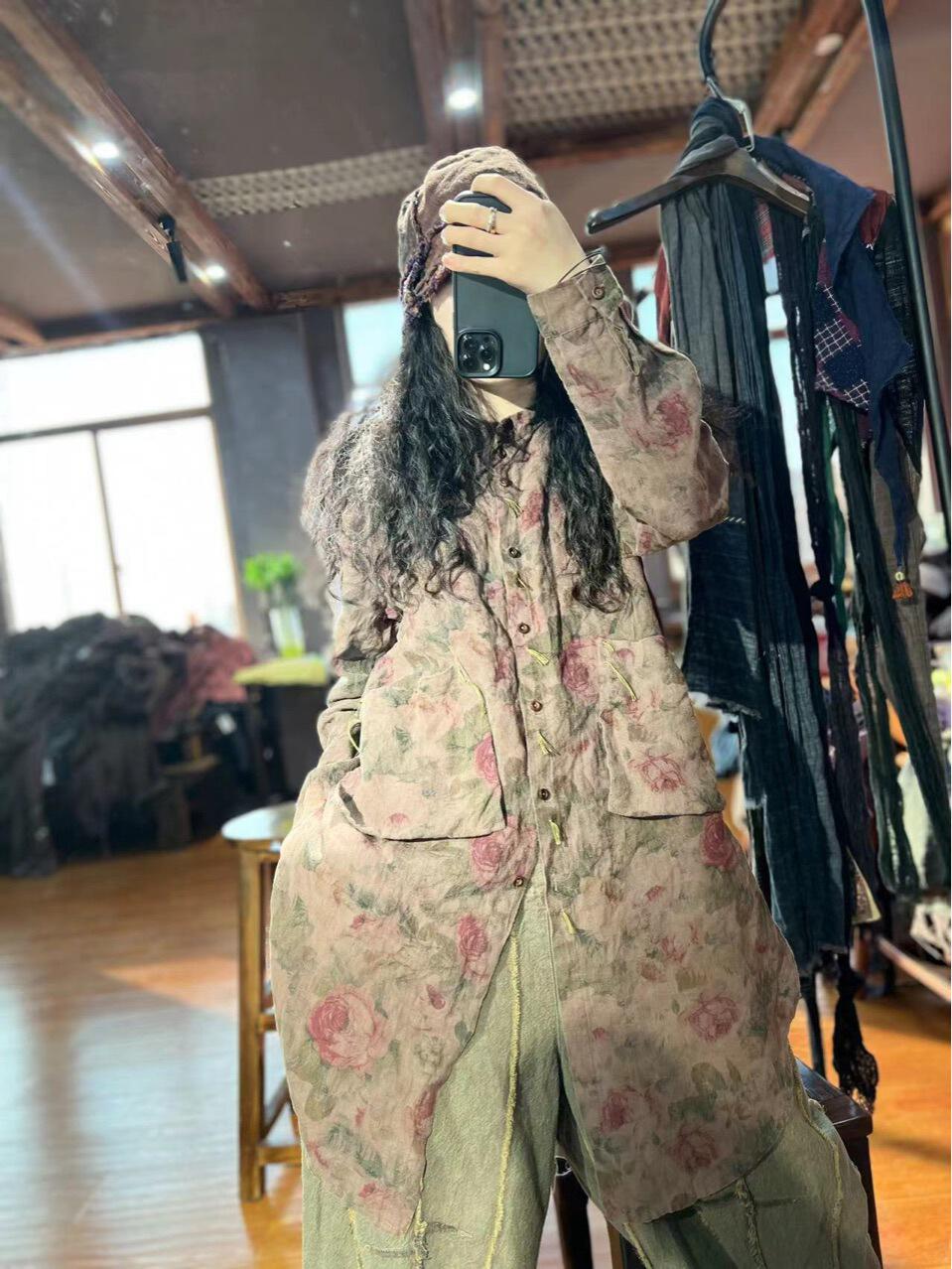 忆古朴拙 原创棉麻工作室 春装新款 做旧水洗加厚100麻料印花衬衫