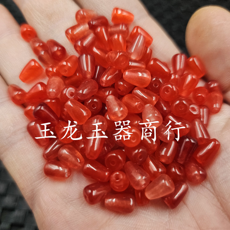 鸡血红同款水滴玉石散珠红色石英岩玉立体水滴手链项链耳环发簪珠