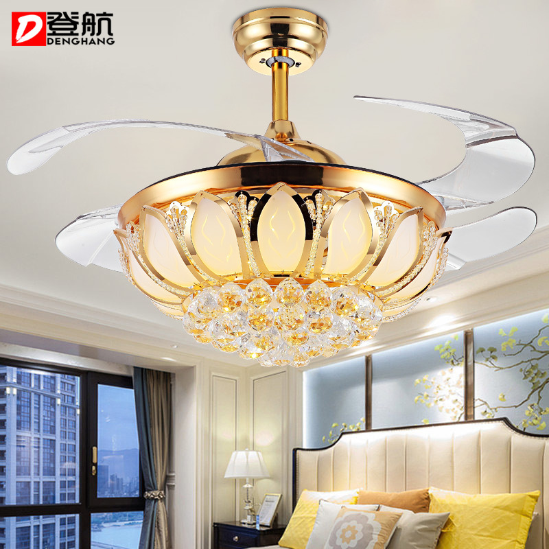 欧式水晶灯隐形风扇灯led家居灯饰卧室带遥控变频42寸客厅吊扇灯