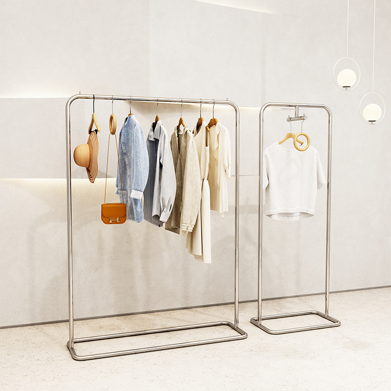 服装店展示架不锈钢陈列道具男女童装店移动拉丝落地式货架挂衣架
