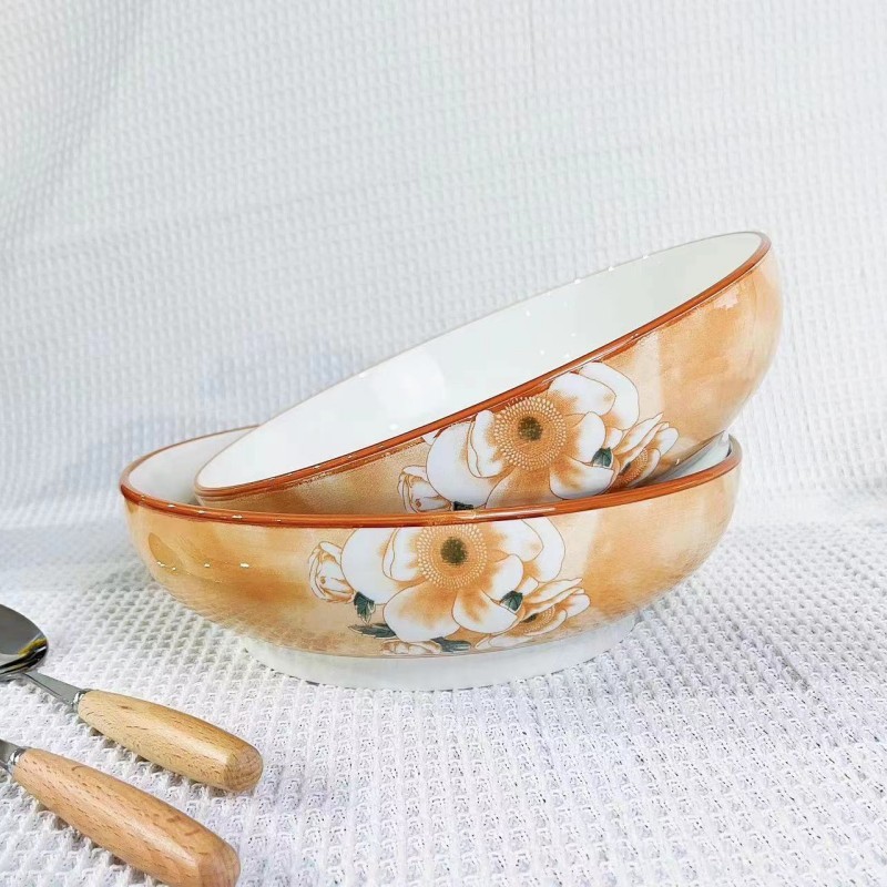 Japanese-Style Camellia Ceramic Bowl Plate Tableware Household Rice Bowl Large Soup Bowl Dish Internet-Famous and Vintage Bowl Plate Microwaveable