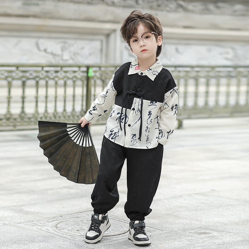 男童唐装汉服儿童套装2024新款春秋装新中式中国风男孩套装衬衫潮