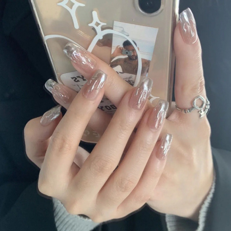 欧美甲片假指甲贴片粉水滴美甲长款同款穿戴甲可拆卸手工美甲
