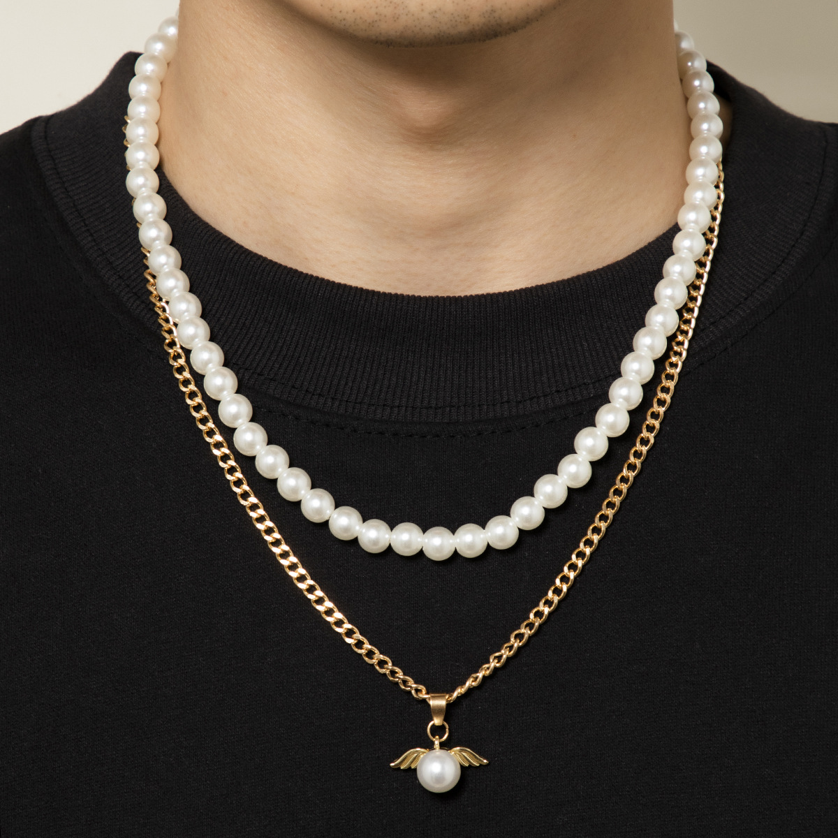 欧美潮款珍珠链叠戴金属项链创意珍珠翅膀吊坠可调节锁骨链项链男