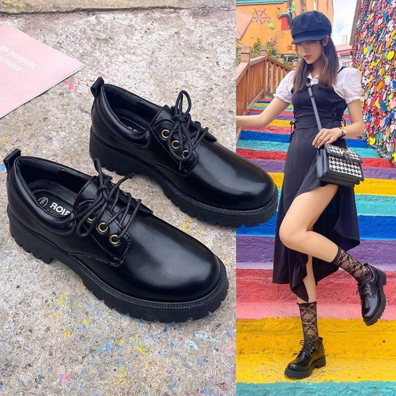 配西装裤的小皮鞋女英伦2022新款系带单鞋中跟百搭工作鞋女黑