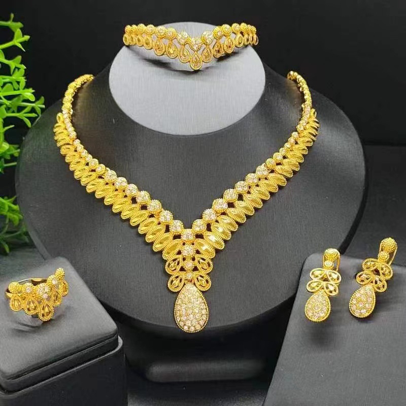 跨境专供 24k镀金首饰套装项链手链耳环戒指首饰四件套婚庆饰品