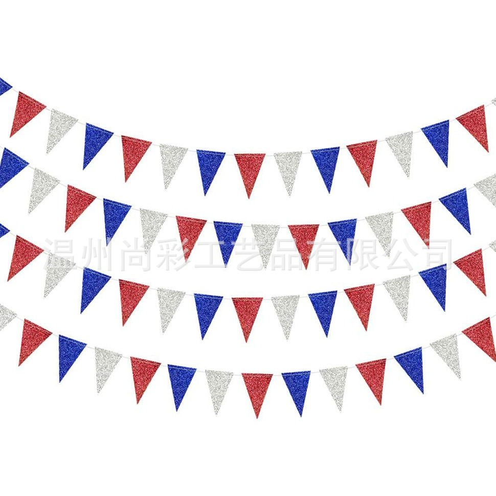 外贸七月四日主题装饰三角旗 美国独立日国庆节红银蓝装饰彩旗