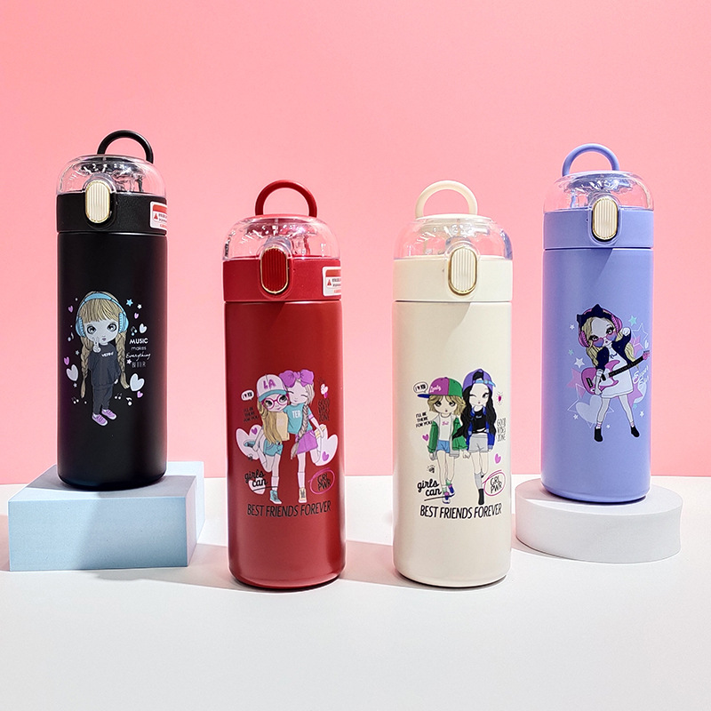 Factory Direct Sales Cross-Border 304 Stainless Steel Thermos Cup Transparent Straw Cover Cartoon Uv Print Pretty Girl Tumbler