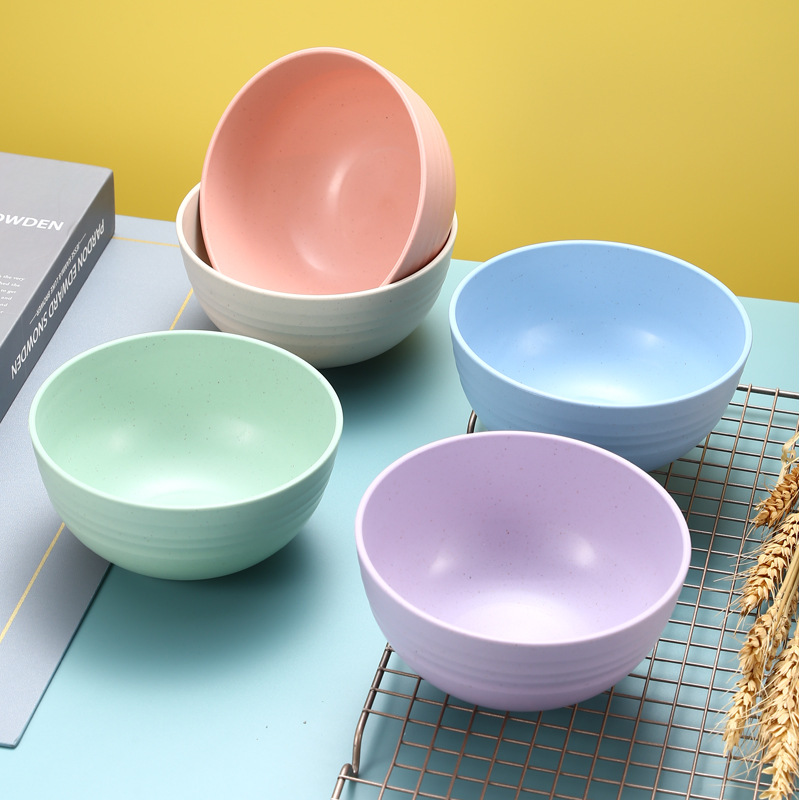 Wheat Straw Bowl Household Plastic Rice Rice Bowl Children Creative Nordic Style Household 6-Inch Solid Color Large Bowl in Stock